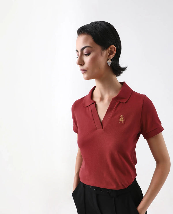 Rareism Women Van Red Cotton Lycra Fabric Short Sleeve Polo Collar Plain Polo