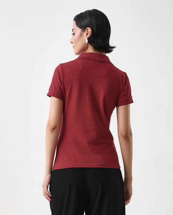 Rareism Women Van Red Cotton Lycra Fabric Short Sleeve Polo Collar Plain Polo