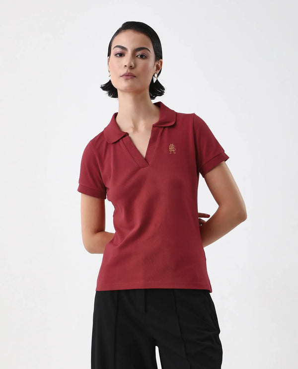 Rareism Women Van Red Cotton Lycra Fabric Short Sleeve Polo Collar Plain Polo