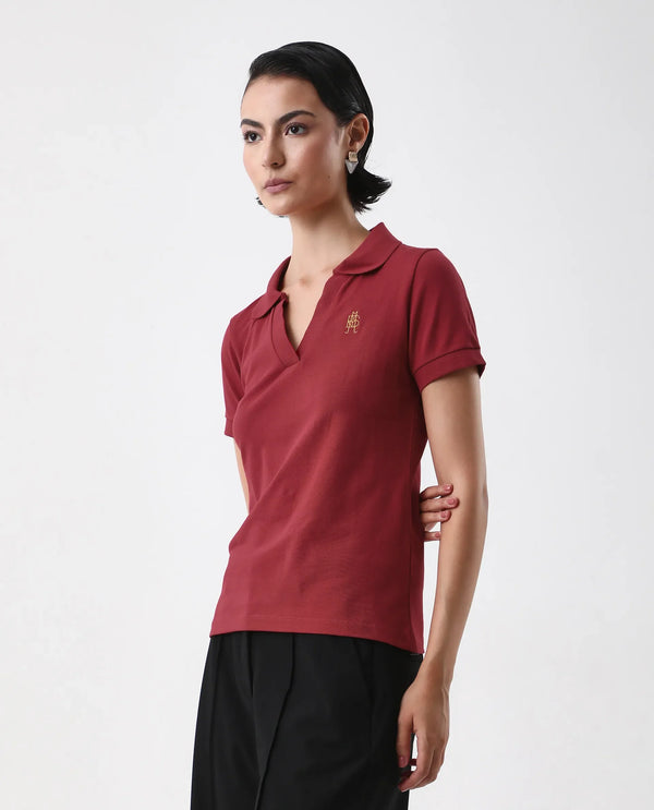 Rareism Women Van Red Cotton Lycra Fabric Short Sleeve Polo Collar Plain Polo