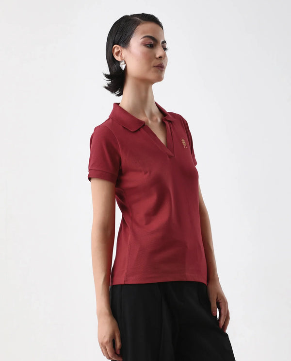 Rareism Women Van Red Cotton Lycra Fabric Short Sleeve Polo Collar Plain Polo