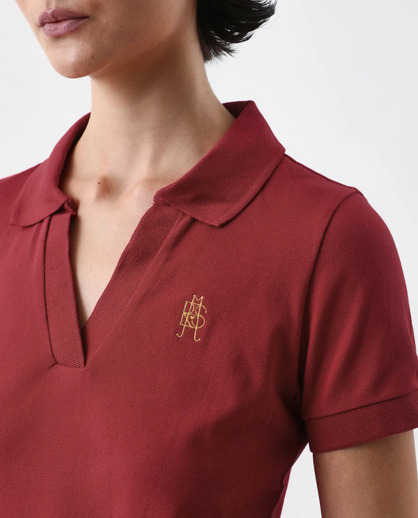 Rareism Women Van Red Cotton Lycra Fabric Short Sleeve Polo Collar Plain Polo