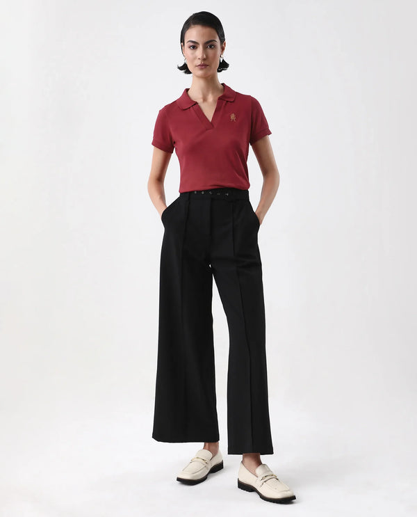 Rareism Women Van Red Cotton Lycra Fabric Short Sleeve Polo Collar Plain Polo