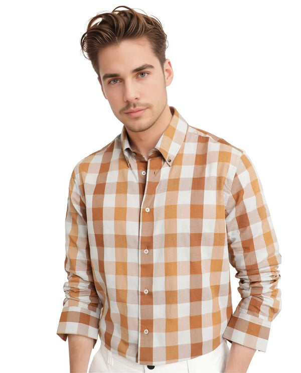 Rare Rabbit Men's Vanta Dusky Mustard Cotton Fabric Full Sleeve Regular Fit Checks Shirt