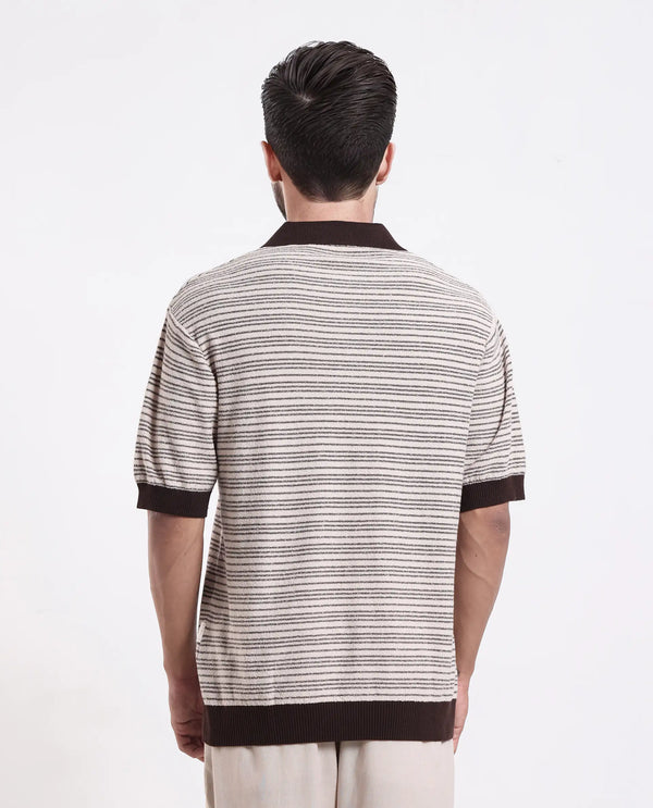 Rare Rabbit Men Trin Brown Cotton Fabric Half Sleeve Spread Collar Button Closure Striped Polo