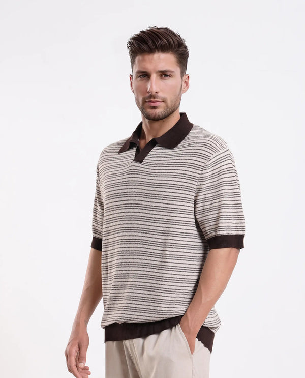 Rare Rabbit Men Trin Brown Cotton Fabric Half Sleeve Spread Collar Button Closure Striped Polo