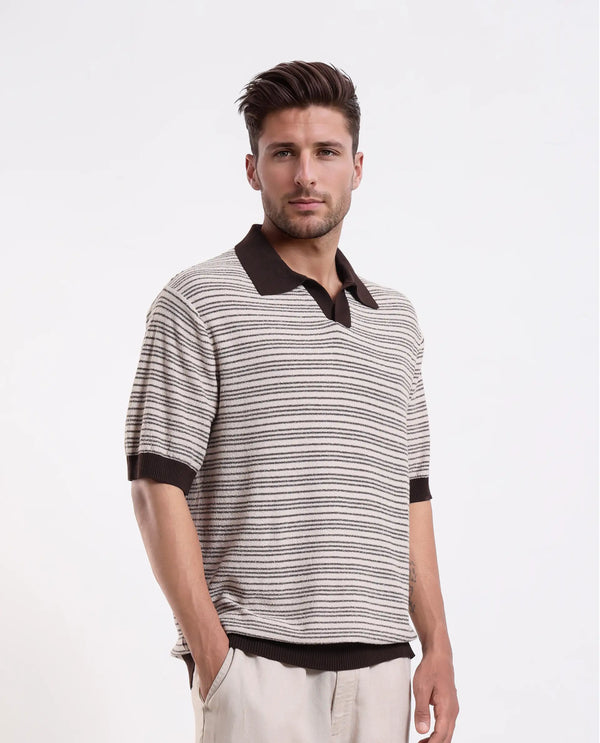 Rare Rabbit Men Trin Brown Cotton Fabric Half Sleeve Spread Collar Button Closure Striped Polo