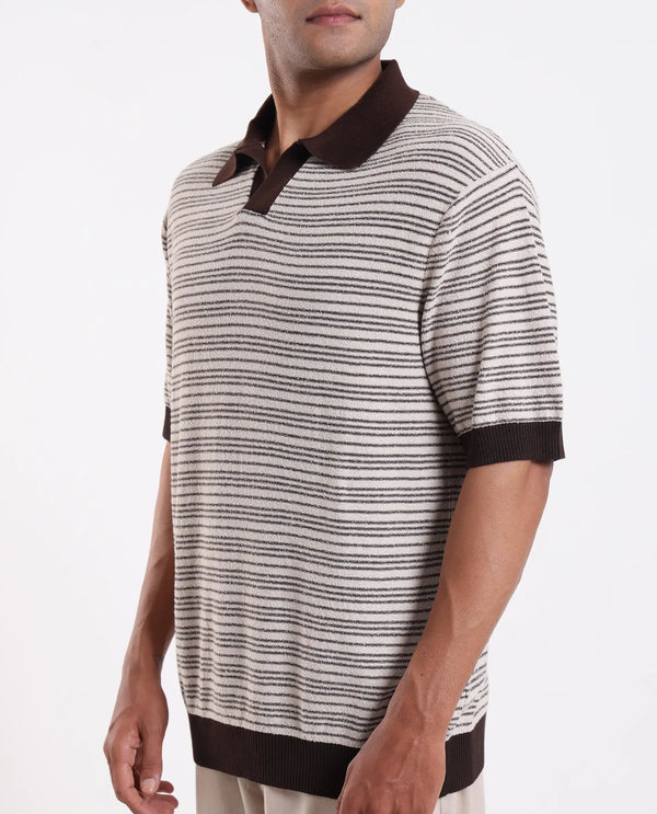 Rare Rabbit Men Trin Brown Cotton Fabric Half Sleeve Spread Collar Button Closure Striped Polo