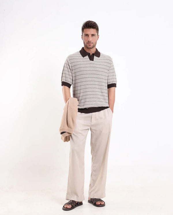 Rare Rabbit Men Trin Brown Cotton Fabric Half Sleeve Spread Collar Button Closure Striped Polo
