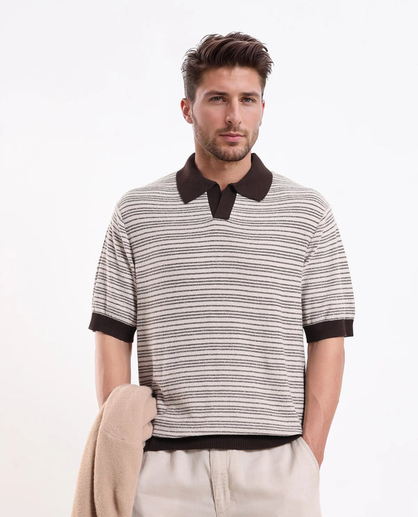 Rare Rabbit Men Trin Brown Cotton Fabric Half Sleeve Spread Collar Button Closure Striped Polo