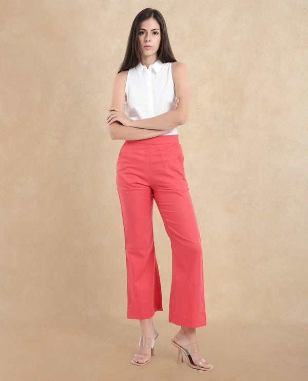 Rareism Women Varese Light Orange  Wide Fit Ankle Length Plain Trouser
