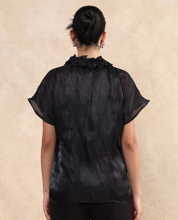 Rareism Women Varfa Black Short Sleeve Collared Neck Button Closure Boxy Fit Plain Shirt