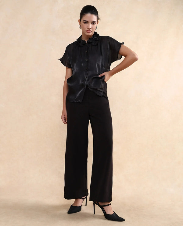 Rareism Women Varfa Black Short Sleeve Collared Neck Button Closure Boxy Fit Plain Shirt