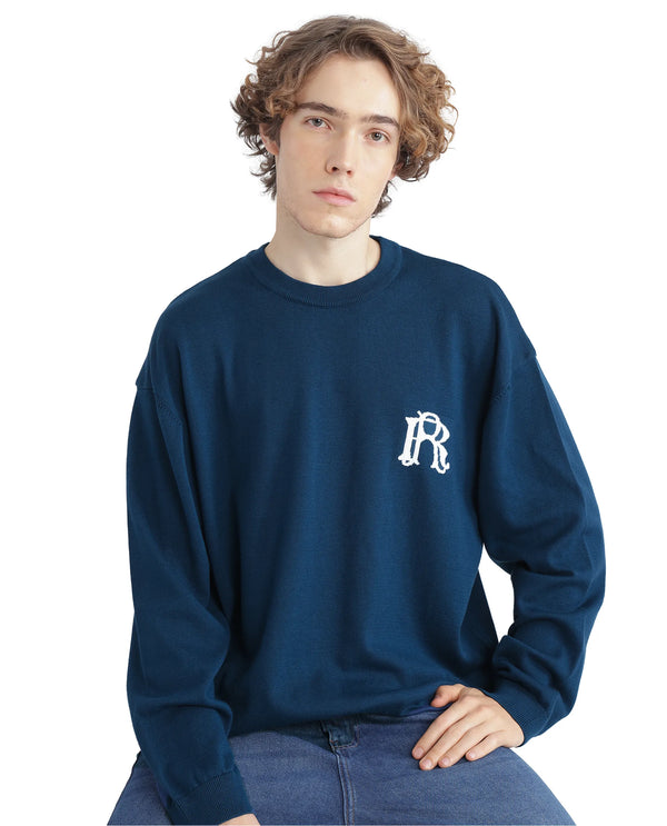 Rare Rabbit Men's Varo Dark Blue Full Sleeve Crew Neck Regular Fit Embroidered Logo Sweater