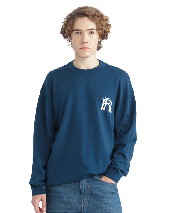 Rare Rabbit Men's Varo Dark Blue Full Sleeve Crew Neck Regular Fit Embroidered Logo Sweater
