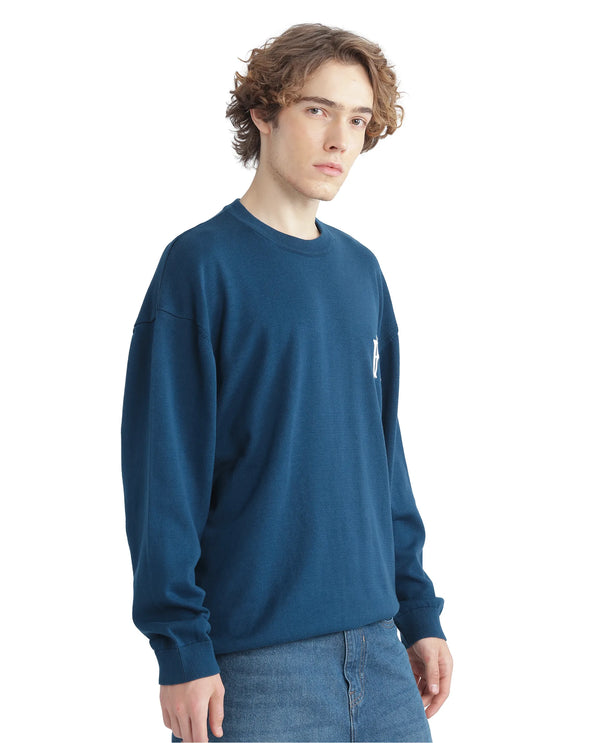 Rare Rabbit Men's Varo Dark Blue Full Sleeve Crew Neck Regular Fit Embroidered Logo Sweater