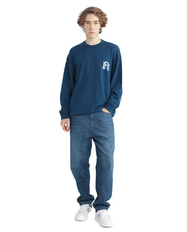 Rare Rabbit Men's Varo Dark Blue Full Sleeve Crew Neck Regular Fit Embroidered Logo Sweater