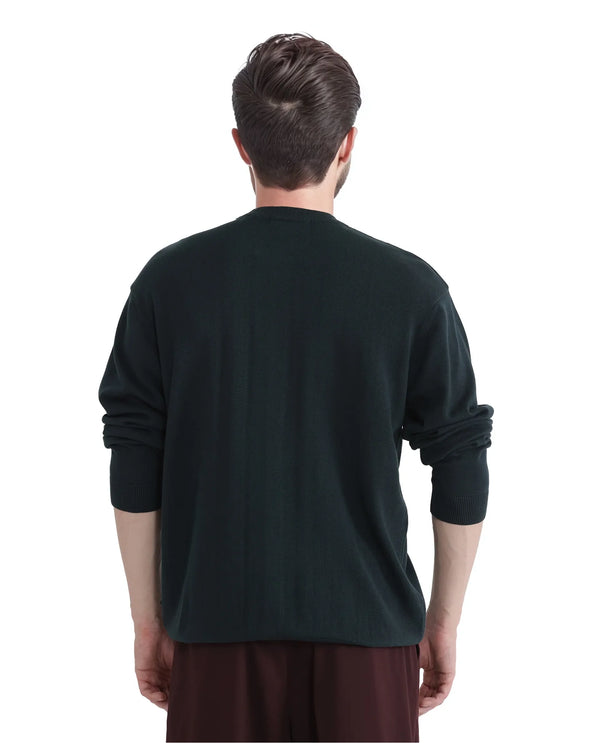 Rare Rabbit Men's Varo Dark Green Full Sleeve Collarless Regular Fit Plain Sweater