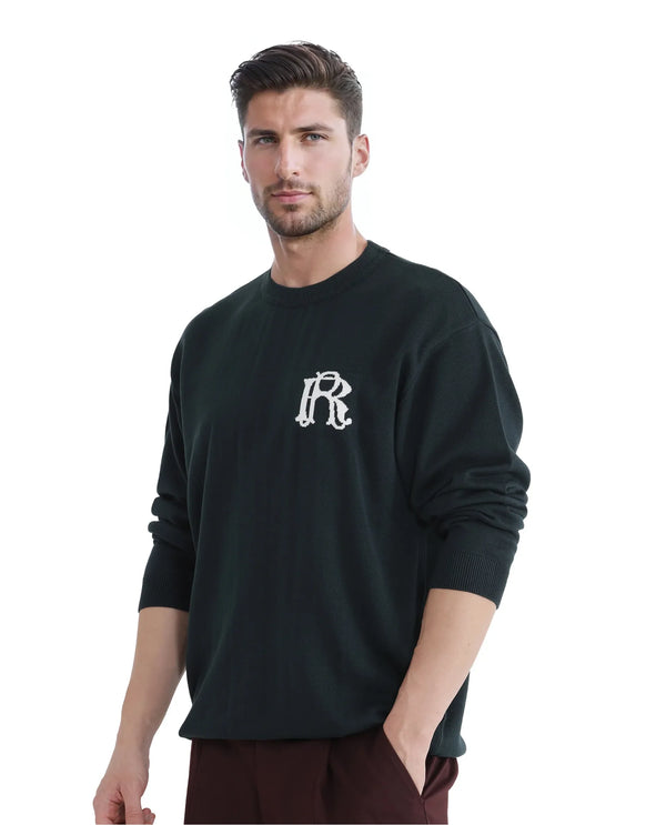 Rare Rabbit Men's Varo Dark Green Full Sleeve Collarless Regular Fit Plain Sweater