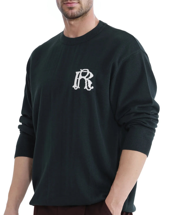 Rare Rabbit Men's Varo Dark Green Full Sleeve Collarless Regular Fit Plain Sweater