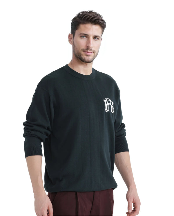 Rare Rabbit Men's Varo Dark Green Full Sleeve Collarless Regular Fit Plain Sweater