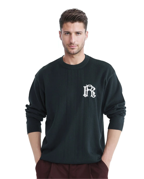 Rare Rabbit Men's Varo Dark Green Full Sleeve Collarless Regular Fit Plain Sweater