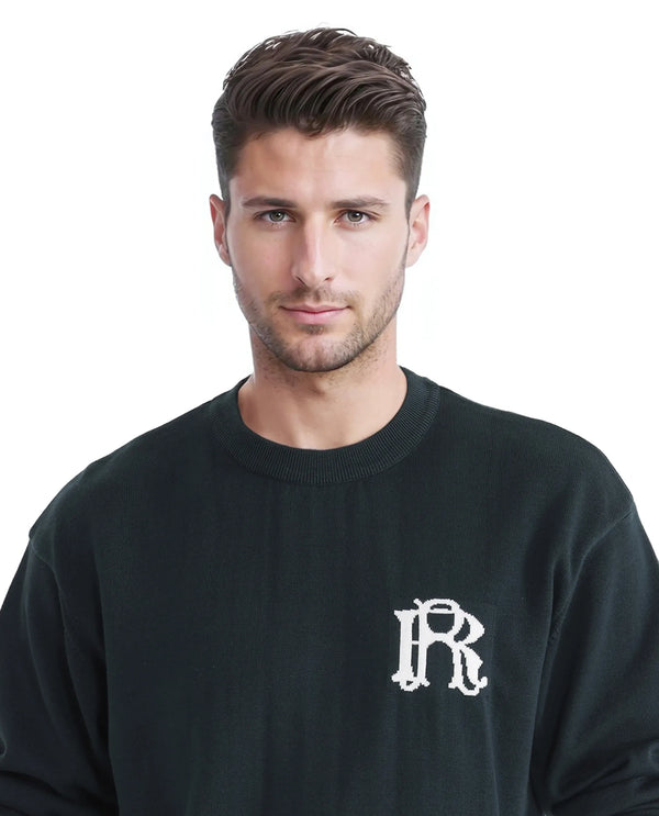 Rare Rabbit Men's Varo Dark Green Full Sleeve Collarless Regular Fit Plain Sweater