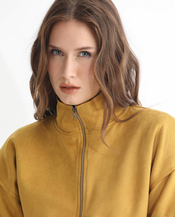 Rareism Women Vasu 1 Mustard Polyester Fabric 3/4Th Sleeves Solid Mandarin Collar Jacket