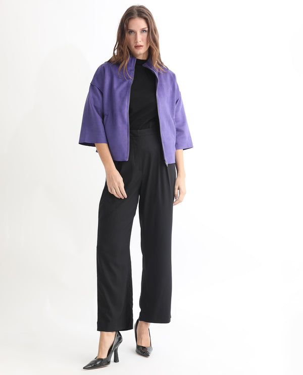 Rareism Women Vasu 1 Purple Polyester Fabric 3/4Th Sleeves Zip Closure Mandarin Collar Regular Fit Plain Jacket