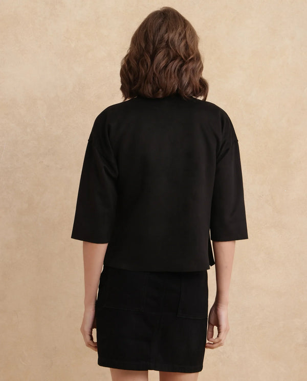 Rareism Women Vasu 2 Black Suede 3/4Th Sleeve Stand Collar Zipper Closure Boxy Fit Plain Jacket