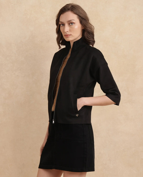 Rareism Women Vasu 2 Black Suede 3/4Th Sleeve Stand Collar Zipper Closure Boxy Fit Plain Jacket