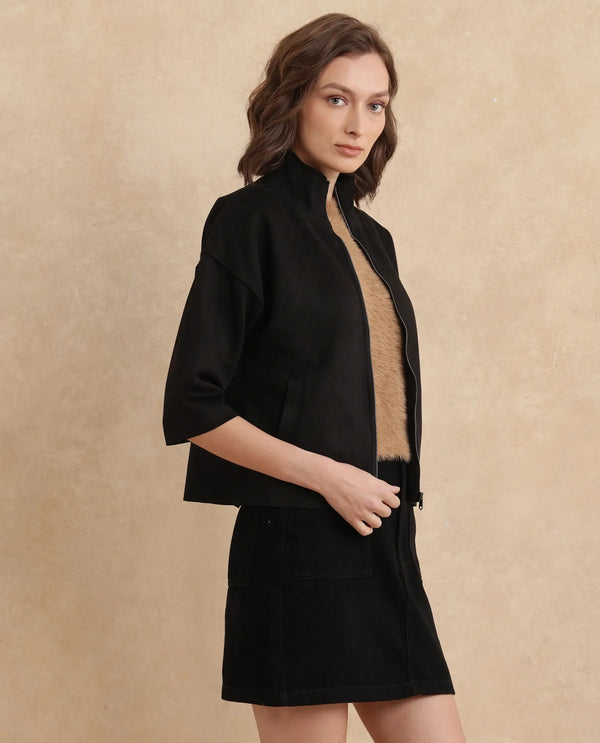 Rareism Women Vasu 2 Black Suede 3/4Th Sleeve Stand Collar Zipper Closure Boxy Fit Plain Jacket