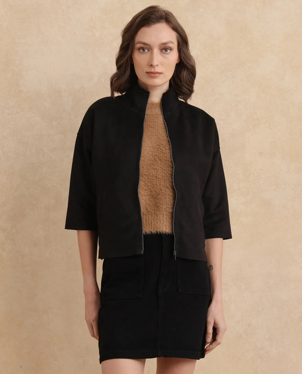 Rareism Women Vasu 2 Black Suede 3/4Th Sleeve Stand Collar Zipper Closure Boxy Fit Plain Jacket
