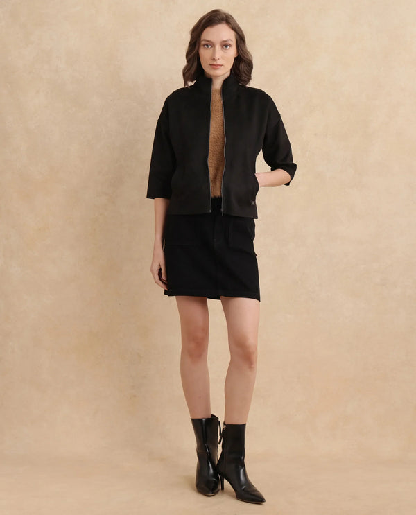 Rareism Women Vasu 2 Black Suede 3/4Th Sleeve Stand Collar Zipper Closure Boxy Fit Plain Jacket