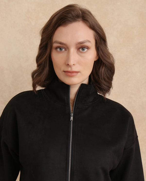 Rareism Women Vasu 2 Black Suede 3/4Th Sleeve Stand Collar Zipper Closure Boxy Fit Plain Jacket