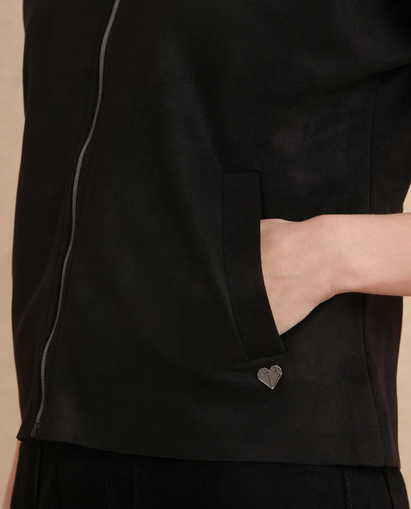 Rareism Women Vasu 2 Black Suede 3/4Th Sleeve Stand Collar Zipper Closure Boxy Fit Plain Jacket