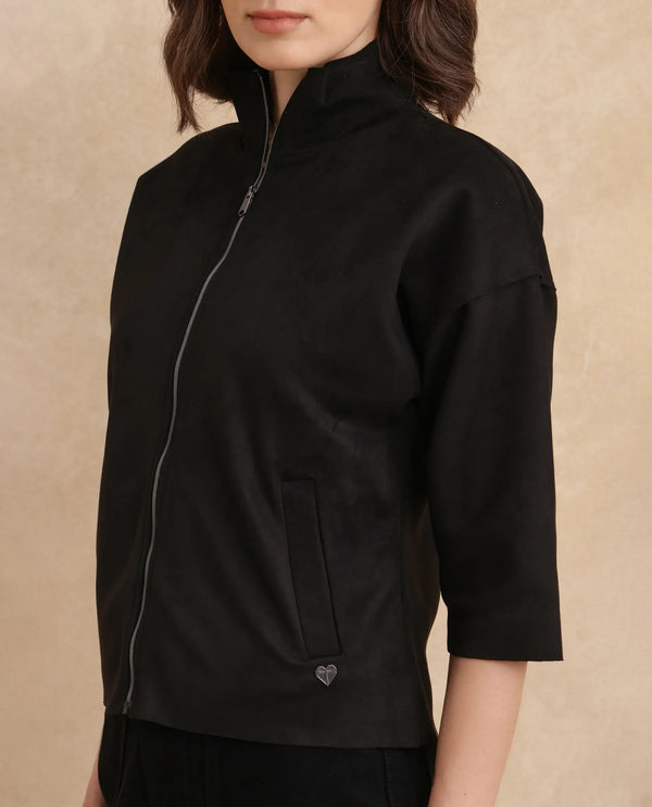 Rareism Women Vasu 2 Black Suede 3/4Th Sleeve Stand Collar Zipper Closure Boxy Fit Plain Jacket