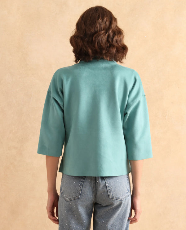 Rareism Women Vasu 2 Light Blue Suede 3/4Th Sleeve Stand Collar Zipper Closure Boxy Fit Plain Jacket