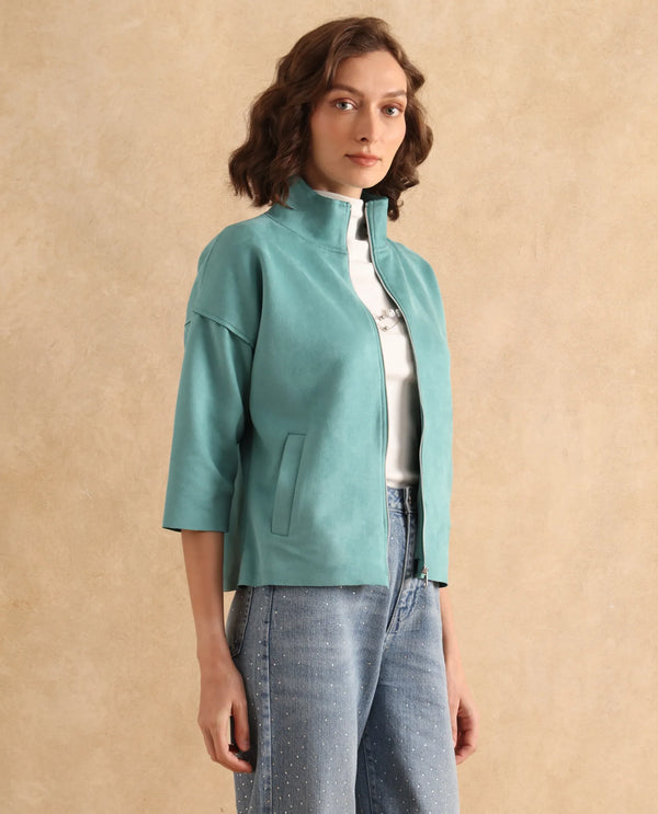 Rareism Women Vasu 2 Light Blue Suede 3/4Th Sleeve Stand Collar Zipper Closure Boxy Fit Plain Jacket