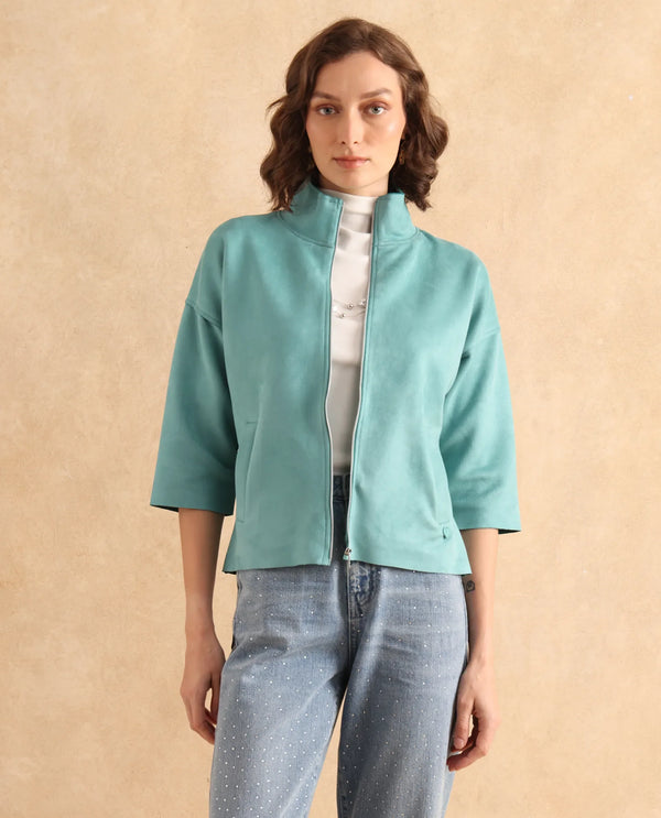 Rareism Women Vasu 2 Light Blue Suede 3/4Th Sleeve Stand Collar Zipper Closure Boxy Fit Plain Jacket