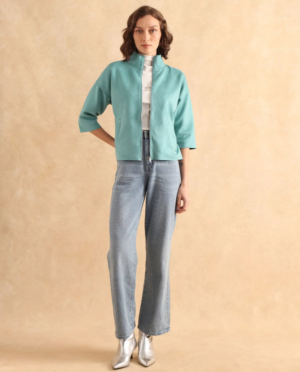 Rareism Women Vasu 2 Light Blue Suede 3/4Th Sleeve Stand Collar Zipper Closure Boxy Fit Plain Jacket