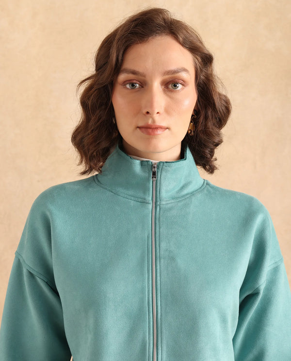 Rareism Women Vasu 2 Light Blue Suede 3/4Th Sleeve Stand Collar Zipper Closure Boxy Fit Plain Jacket