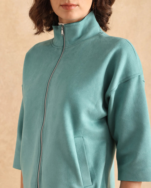 Rareism Women Vasu 2 Light Blue Suede 3/4Th Sleeve Stand Collar Zipper Closure Boxy Fit Plain Jacket