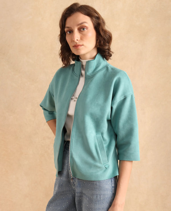 Rareism Women Vasu 2 Light Blue Suede 3/4Th Sleeve Stand Collar Zipper Closure Boxy Fit Plain Jacket