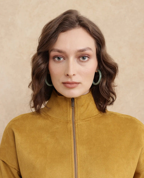 Rareism Women Vasu 2 Mustard Suede 3/4Th Sleeve Stand Collar Zipper Closure Boxy Fit Plain Jacket