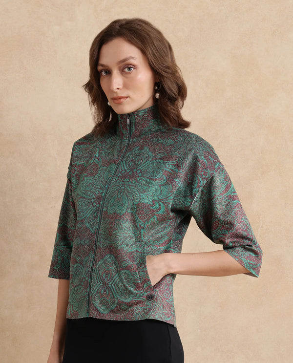 Rareism Women Vasy Multi Suede 3/4Th Sleeve Stand Collar Zipper Closure Boxy Fit Floral Print Jacket