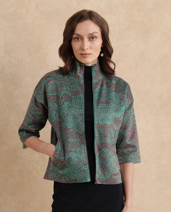 Rareism Women Vasy Multi Suede 3/4Th Sleeve Stand Collar Zipper Closure Boxy Fit Floral Print Jacket