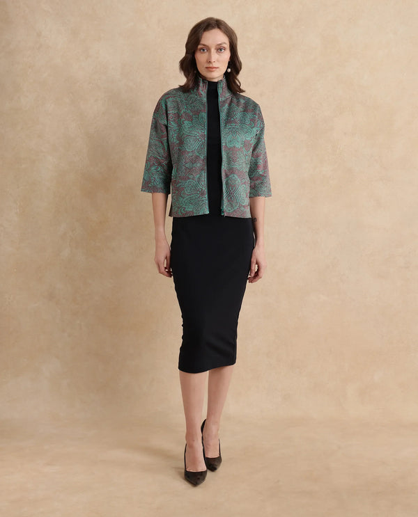 Rareism Women Vasy Multi Suede 3/4Th Sleeve Stand Collar Zipper Closure Boxy Fit Floral Print Jacket