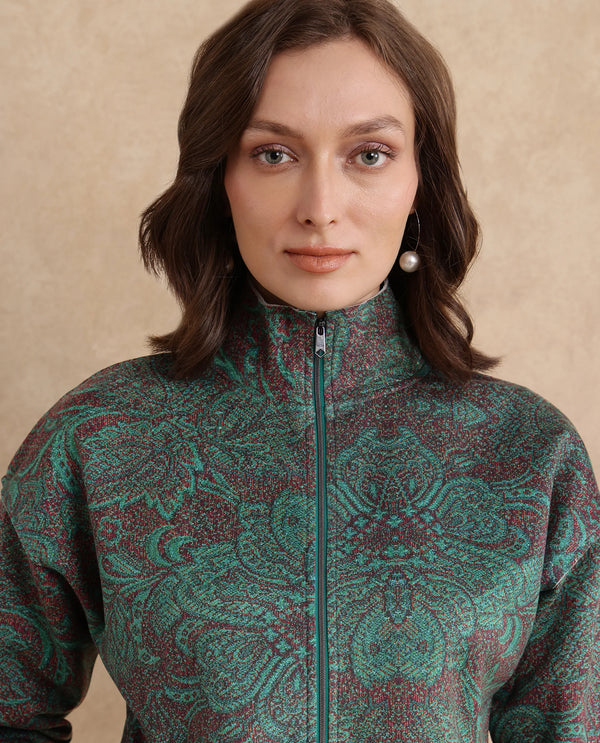 Rareism Women Vasy Multi Suede 3/4Th Sleeve Stand Collar Zipper Closure Boxy Fit Floral Print Jacket