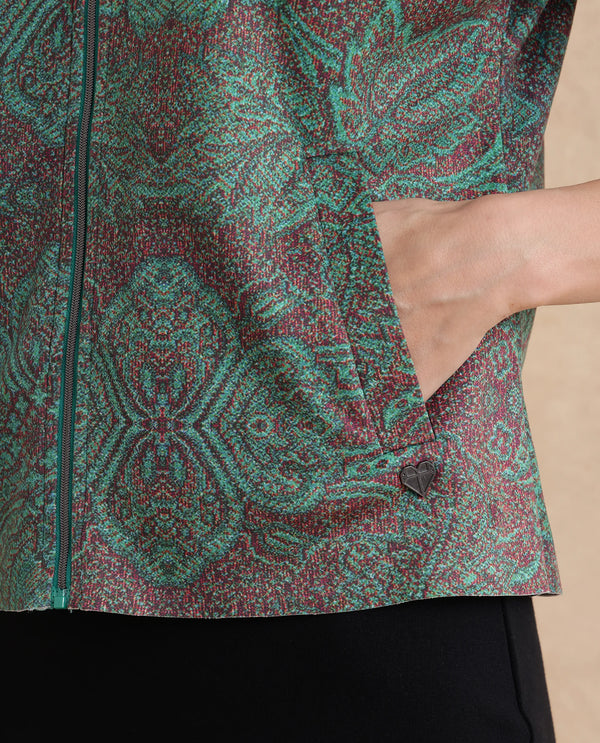 Rareism Women Vasy Multi Suede 3/4Th Sleeve Stand Collar Zipper Closure Boxy Fit Floral Print Jacket
